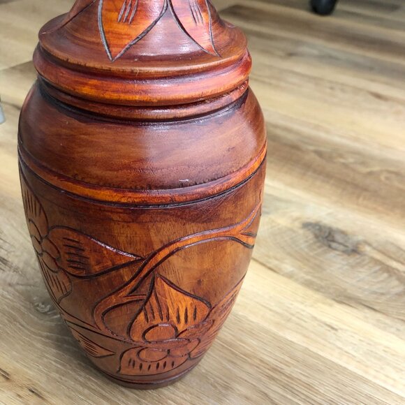 Vintage Hand Carved Wooden Vase With Lid Urn Floral Pedestal Jar 13in - Picture 5 of 9